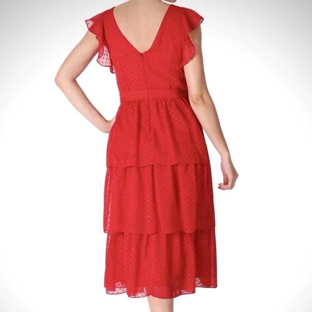 JULIA JORDAN~BNWT~Red Clip Dot V-Neck Tiered Chiffon Midi Dress~Size 2 SKU147 - Picture 2 of 5